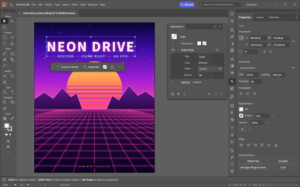 VectorCraft preview from its README